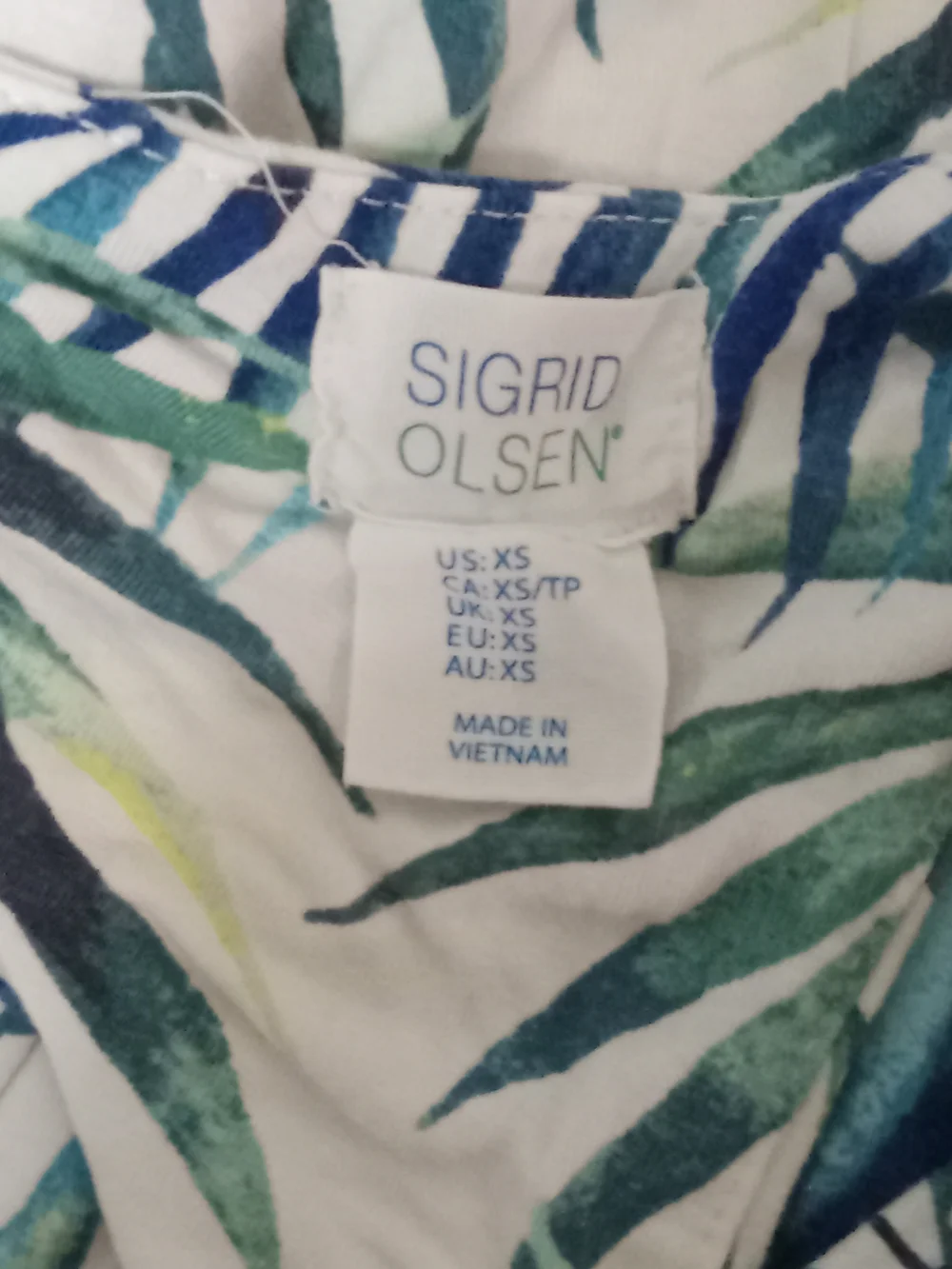Sigrid Olsen White Maxi Dress with Blue and Green Palm Print